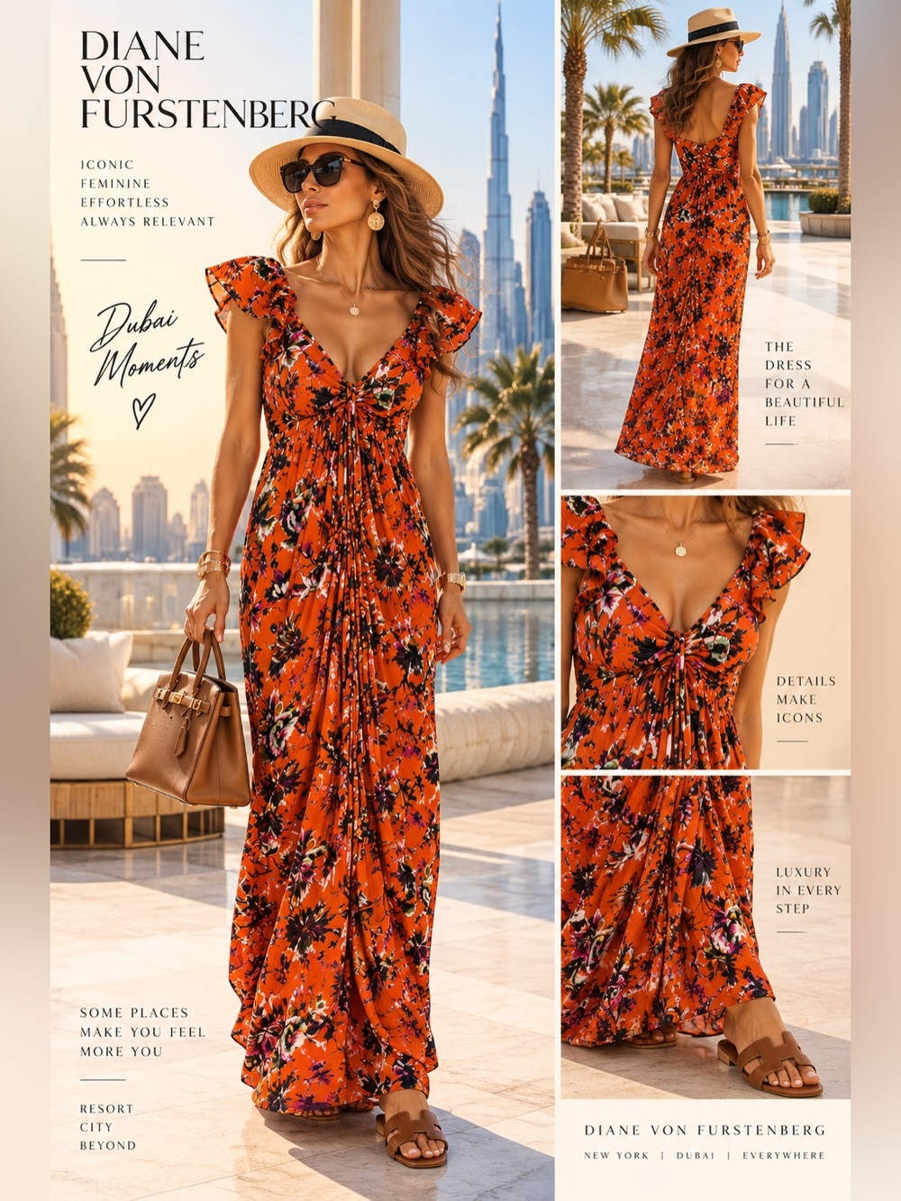 Diane Von Furstenberg Orange Floral Ruffle-Sleeve Maxi Dress